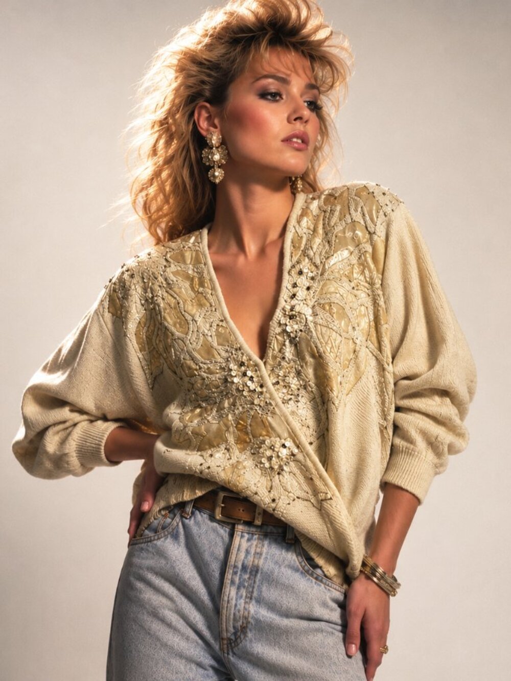 Bonnie Boerer & Company Vintage 80s Beaded Faux Wrap Sweater Ivory L Glam Retro